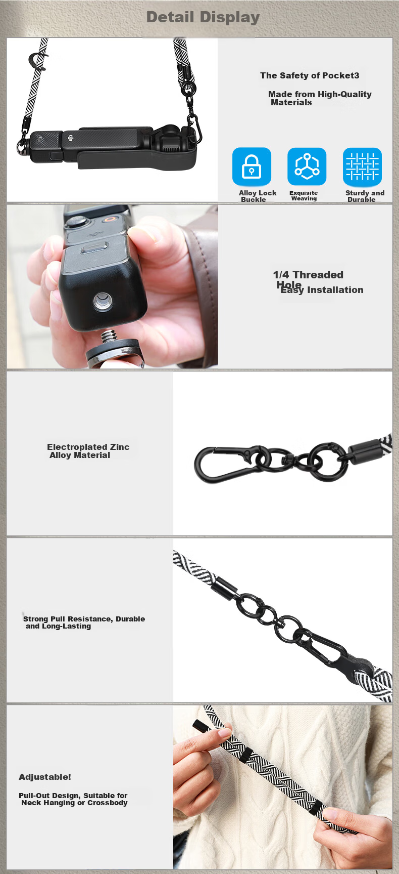 Qiye Lanyard Crossbody Shoulder Strap Wrist Strap for DJI Pocket 3 Accessories, Osmo Pocket 3 Camera Wrist Strap Zebra Color 6