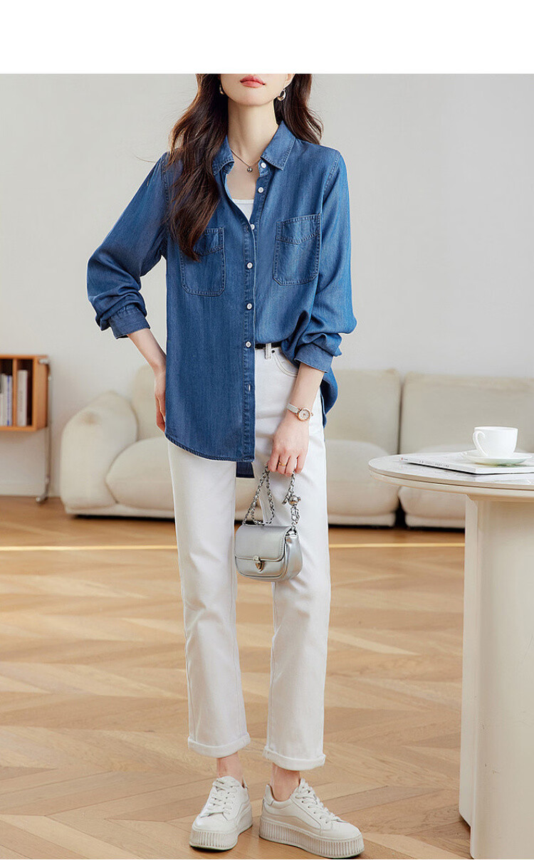 Demana [100 Lyocell] Spring Vintage Casual Lapel Shirt Commuter Loose Long Sleeve Blouse for Women 5
