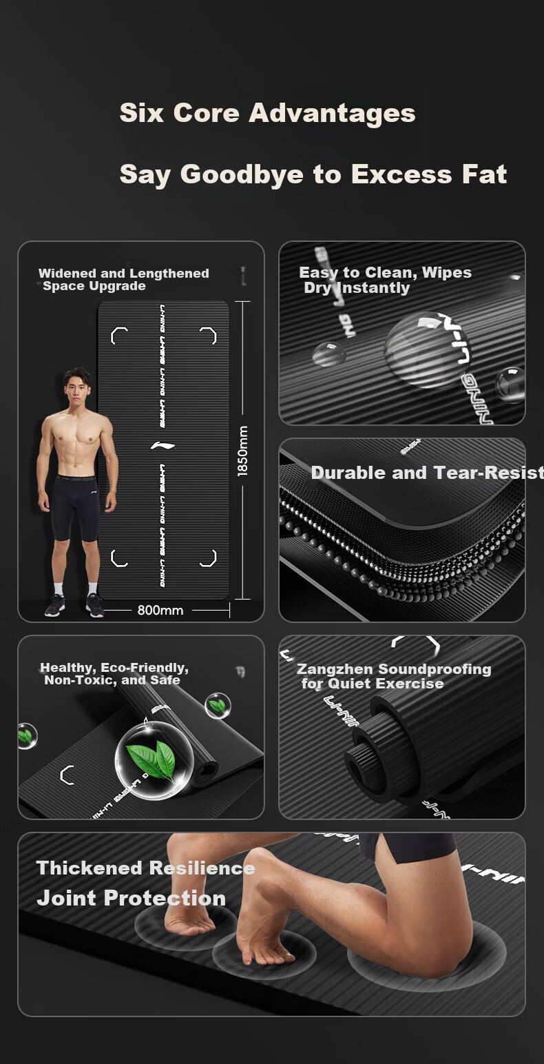 Li-Ning Yoga Mat Men's Thickened Fitness Mat Non-Slip Shock Absorption Jump Rope Mat Large Size Widened Exercise Mat 1