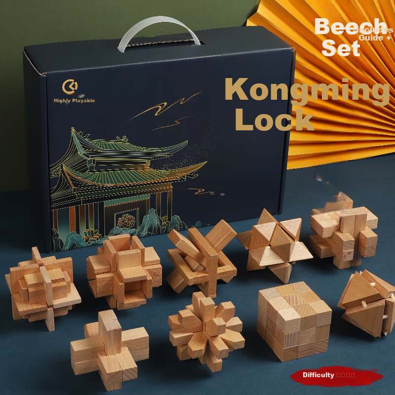 Hongke Beechwood Luban Lock 9-Piece Children's Educational Puzzle Toy for Boys Ages 6-10, Kongming Lock Building Blocks for Ages 8-12, Birthday Gift
