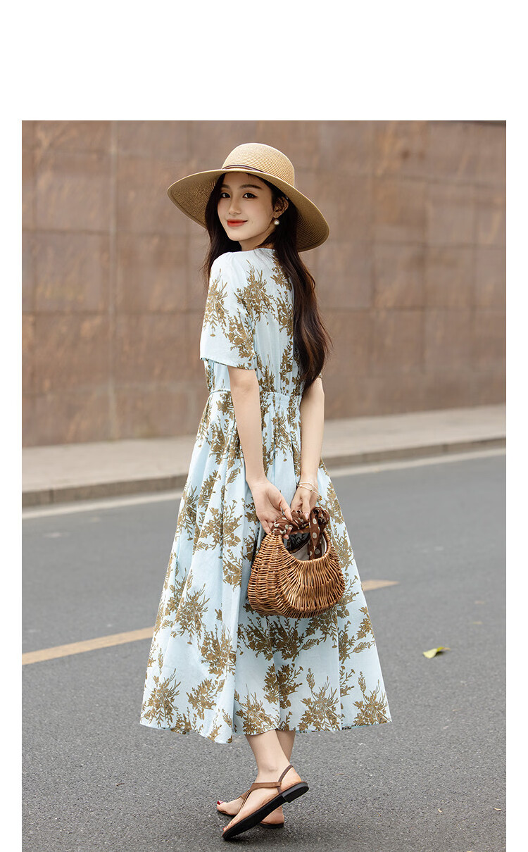 Demana Fresh Cotton Summer Vacation Style V-Neck Puff Sleeve Waist-Cinched Flared Slimming Dress for Women Premium 11