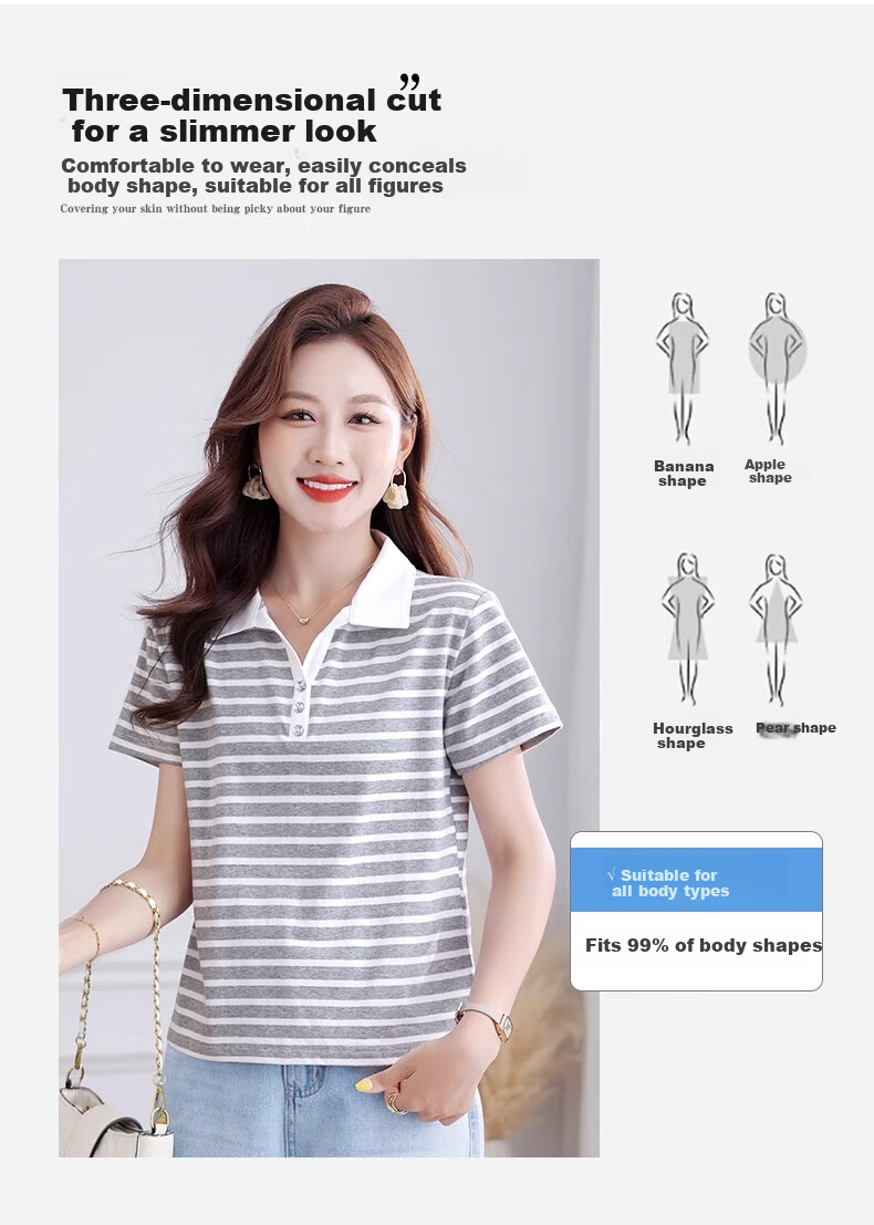 Woodpecker Pure Cotton Polo Collar Short Sleeve T-Shirt Women Summer Striped Polo Shirt Loose Plus Size Black White L 3