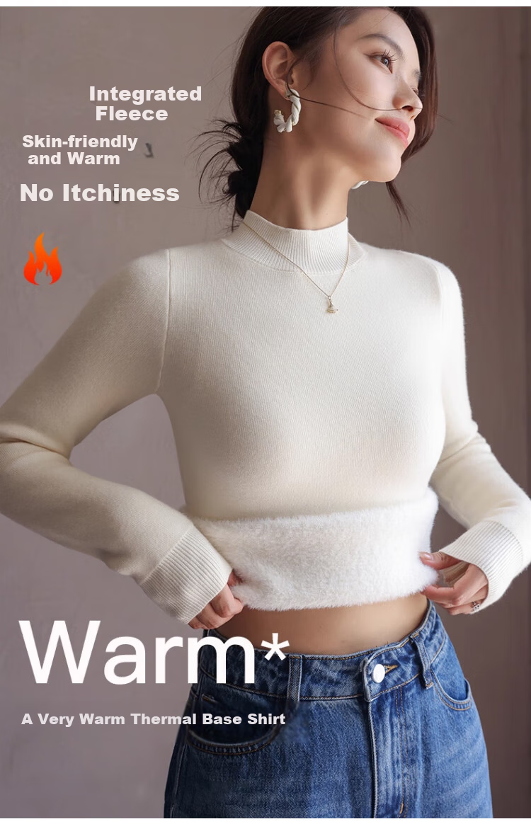 Caiyue Women's Knitted Thermal Fleece-Lined Half Turtleneck Sweater Autumn Winter Thick Warm Pullover 2