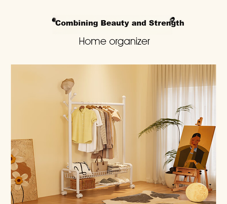 Yicai Nianhua Floor Clothes Drying Rack with Net and Wheels Multifunctional Bedroom Clothes Rack with Storage Basket and Coat Hanger 1255 3