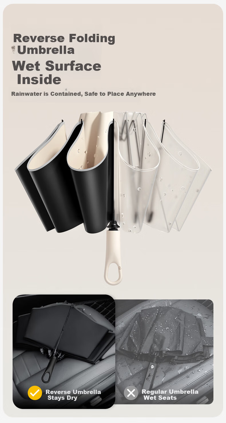 ZUODU Automatic Large Reinforced Thickened Men's and Women's Black Coating Reverse Umbrella with Ring Buckle for Students 11