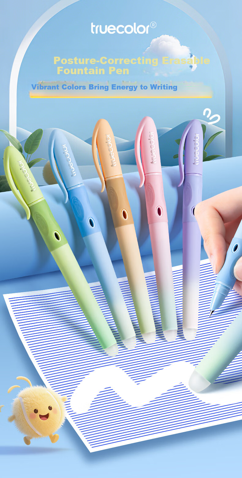 TRUECOLOR Blue Thermal Erasable Fountain Pen 0.38mm for Elementary Students Grade 3 Children Handwriting Practice Posture Correction Refillable Ink Cartridge High Appearance Unisex Beginner Fountain P 1