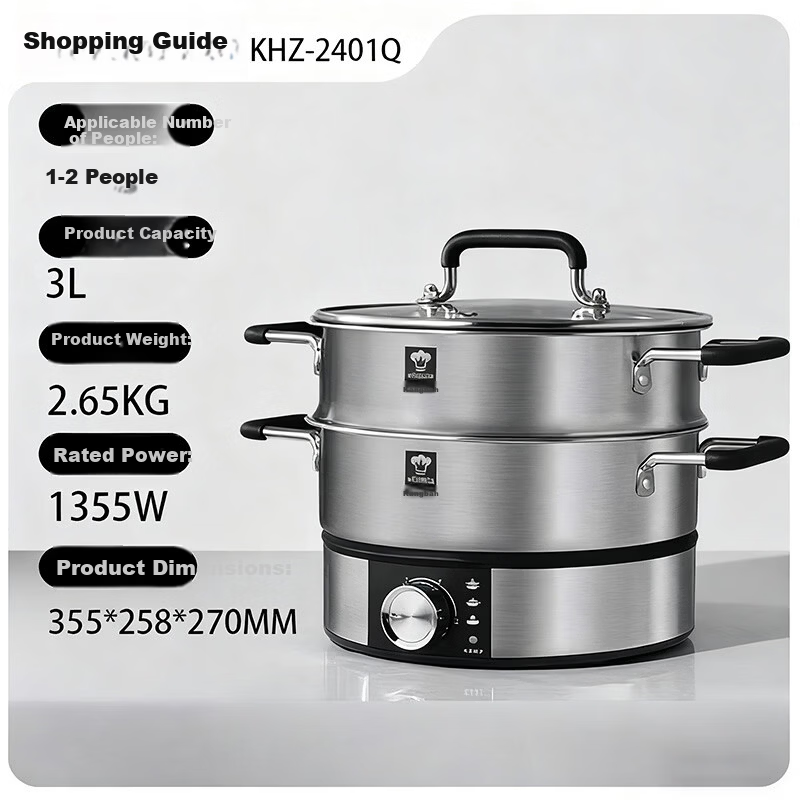 Kambach Small Electric Hot Pot 1-2 Person Non-Coated Stainless Steel Ultra-Fast Boiling Multi-Functional Household Electric Frying Pan 304 Hot Pot Steamer 24cm
