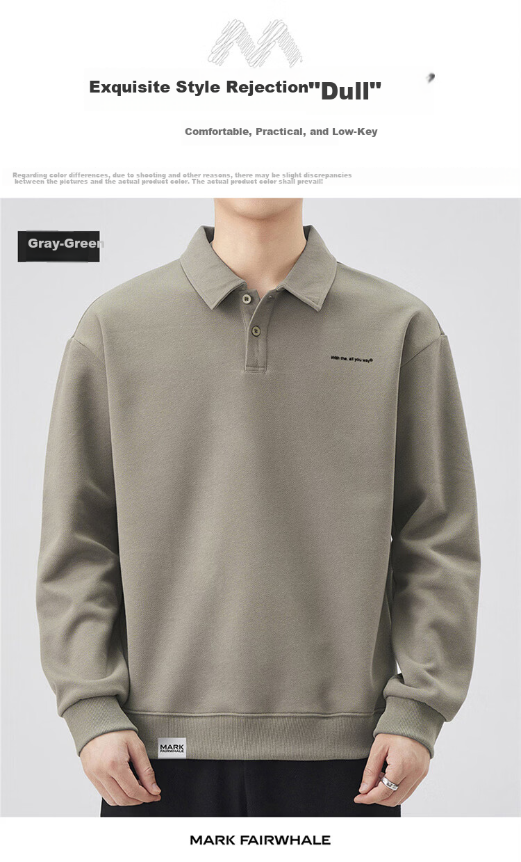 MARK FAIRWHALE Men's Sweatshirt Spring and Autumn Loose Casual Long Sleeve T-Shirt Men's Polo Collar Jacket Gray Green 3XL 3