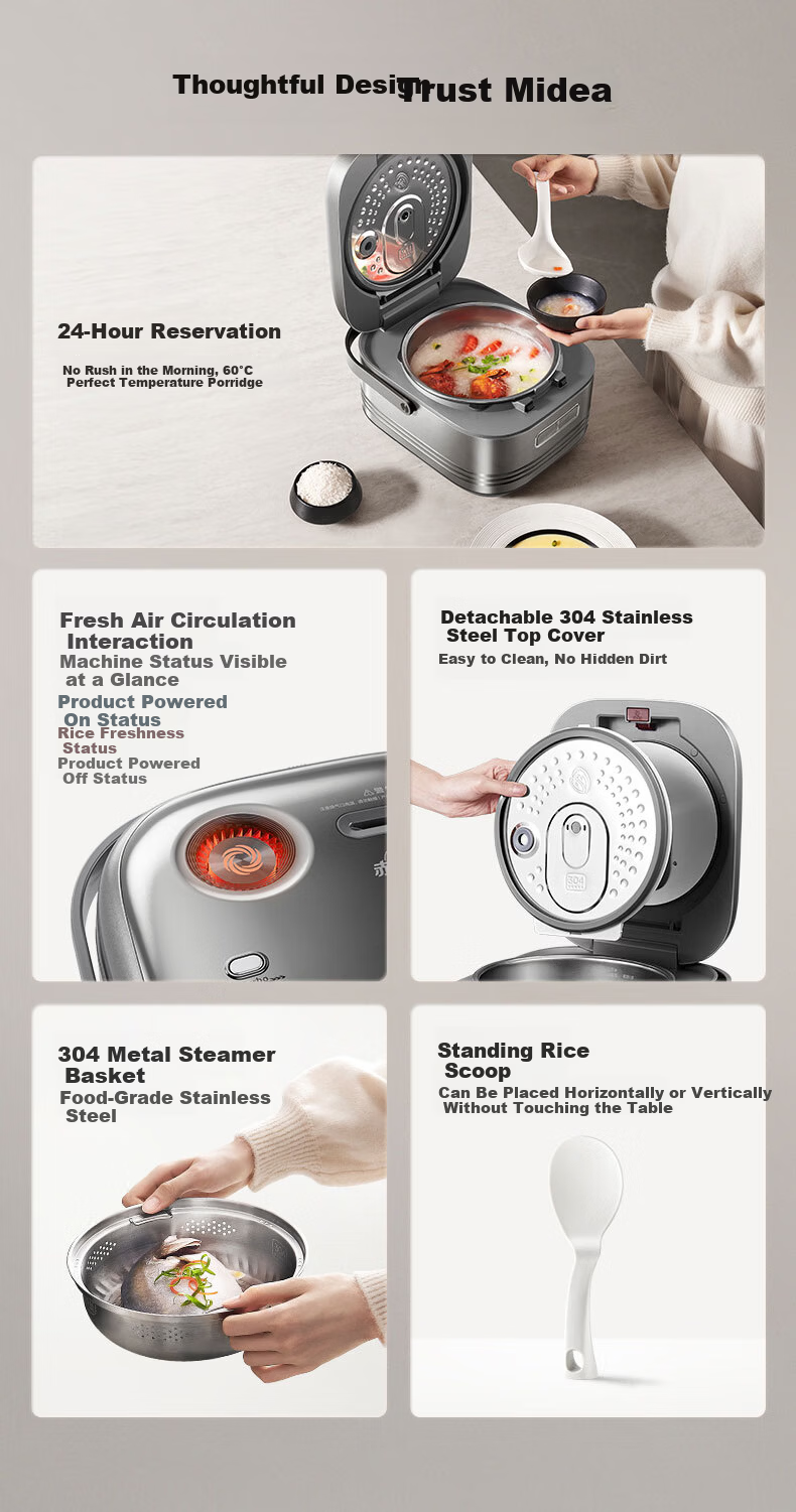 Midea Pure Titanium 0 Coating Rice Cooker for Home Use, 3-4 People, Petal-Shaped IH Heating Electric Pressure Cooker, Multifunctional Smart Rice Cooker with Reservation Function MB-G5 34