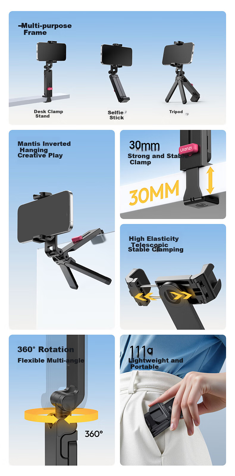 Ulanzi ML25 Card Holder Portable Adjustable Desktop Phone Stand Multi-Functional Foldable Phone Holder for Live Streaming, Gaming, Reading, Online Classes, Exam Preparation, and Watching Shows 2