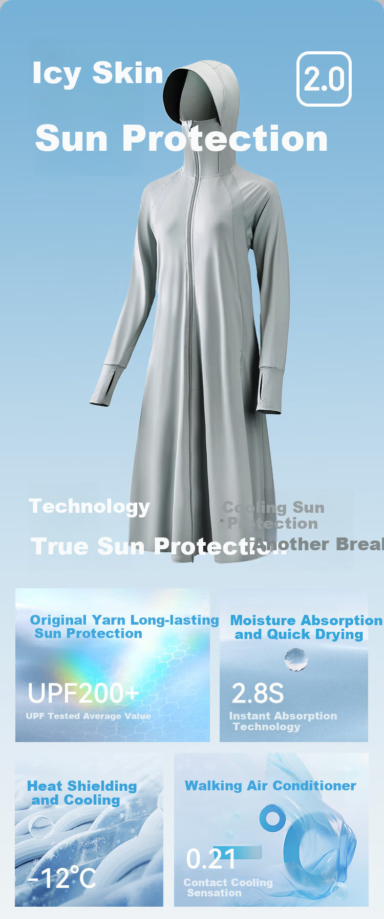 JD Jingzao Women's Long Sun Protection Jacket New Breathable Ice Silk Cooling UV Protection Coat Full Body Sunproof Clothing Gray M 3