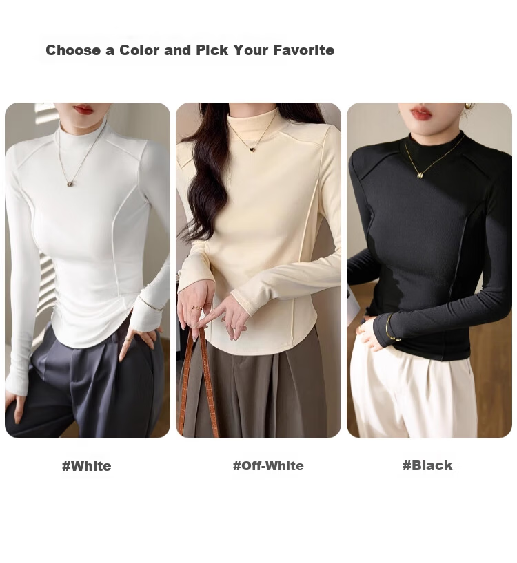 LangSha Women's Semi-Turtleneck Wool and Silk Thermal Slim Fit Herringbone Autumn Winter Base Layer Shirt 14