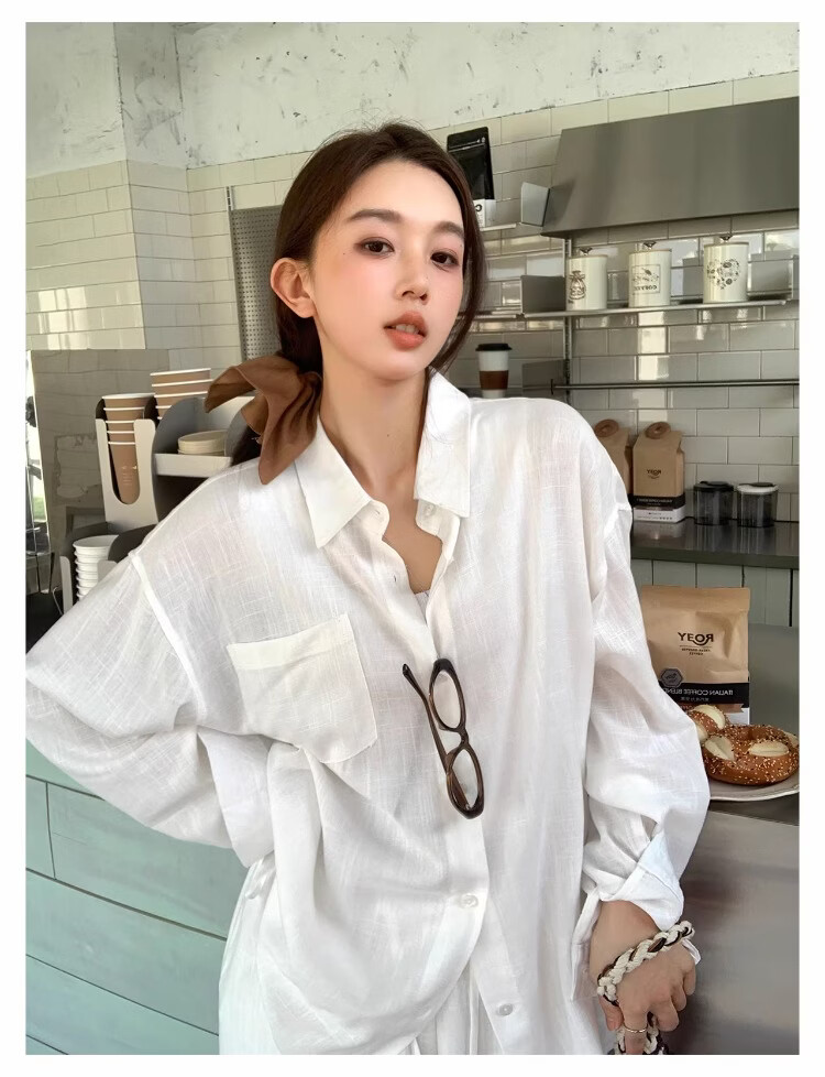ICH MODE "Bangkok Holiday" Linen Shirt Women Lazy Style Physical Sun Protection Long Sleeve Shirt Linen Color L 30