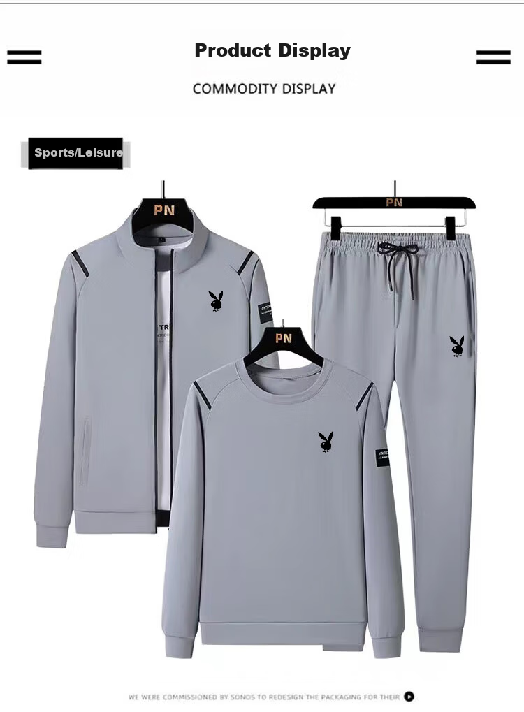 PLAYBOY Men's Sports Tracksuit Spring and Autumn Breathable Casual Oversized Loose Cardigan Three-Piece Set Gray XL 8