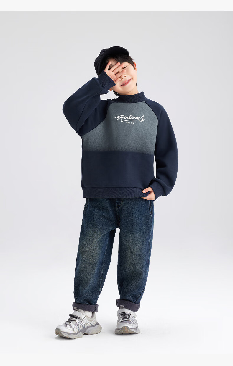 Zuo Xi Boys' Fleece-Lined Sweatshirt 2025 New Winter Thickened Top Stylish Boys' Winter Wear Navy Blue 150 8
