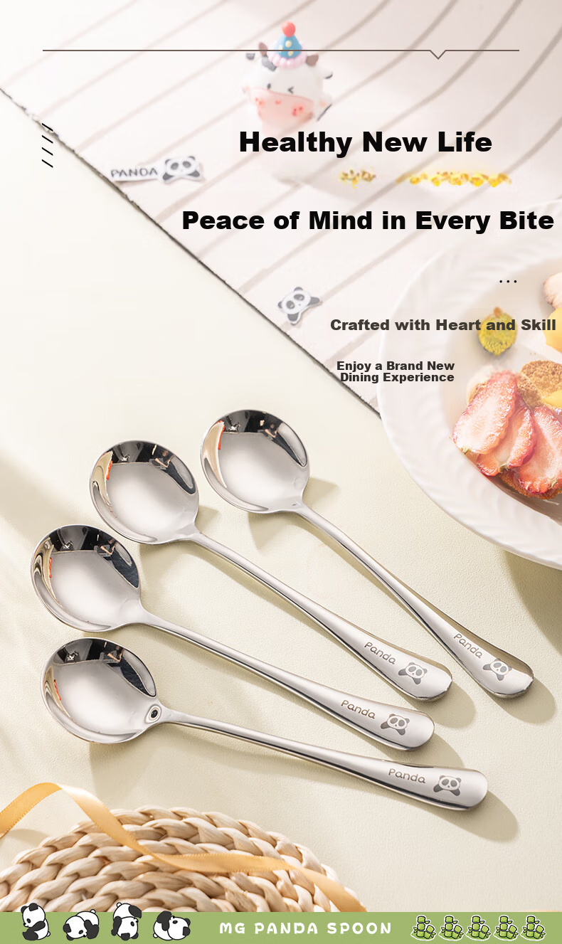 Guangyi 304 Stainless Steel Dinner Spoons, Children's Household Soup Spoons, Eating Spoons for Restaurants, Panda-Shaped Round Spoons, Set of 2, GY1425 11
