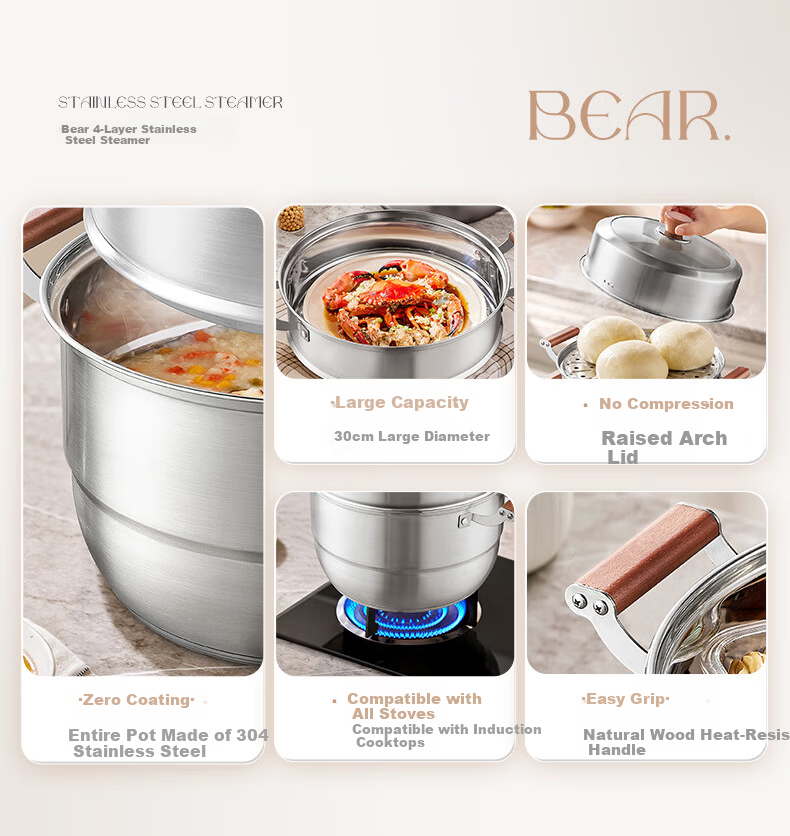 Bear Titanium Ceramic Double-Layer Steamer Large Capacity Soup Pot Household Steaming and Cooking Pot 28cm Gas Stove Compatible JG053-P02 2