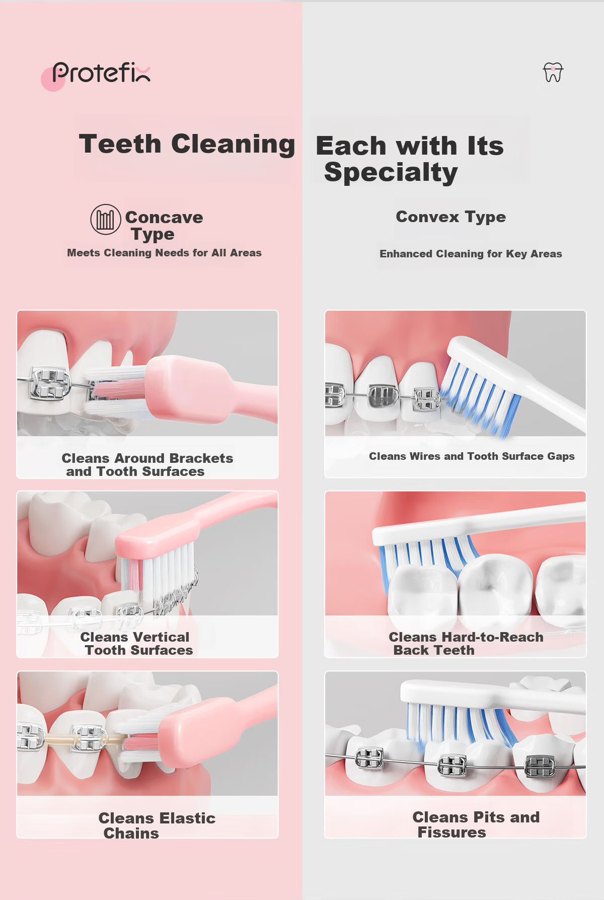 PROTEFIX Orthodontic Concave Toothbrush 4-Pack Soft Bristle Adult Braces Toothbrush Portable Teen Braces Cleaning Brush 4