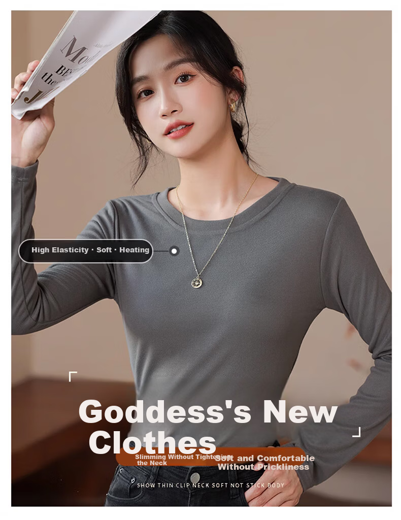 LangSha Round Neck Base Layer for Women, Fall/Winter 2025 New Thickened Ribbed Fleece, 7A Antibacterial Anti-Mite Long Sleeve Slim-Fit Inner Top 4