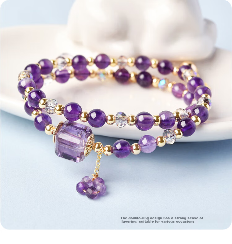 Lingfei Natural Amethyst Round Bead Double Circle Bracelet Women's Fresh Design Birthday Gift with Certificate 6