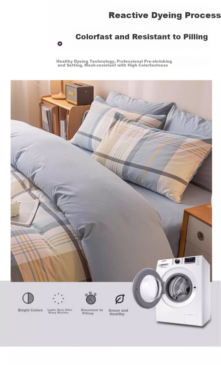 MUJI 100% Cotton Four-Piece Bedding Set Antibacterial AB Version Double-Sided Sheet and Duvet Cover 200x230cm 1.5/1.8m Bed British Blue Plaid 9