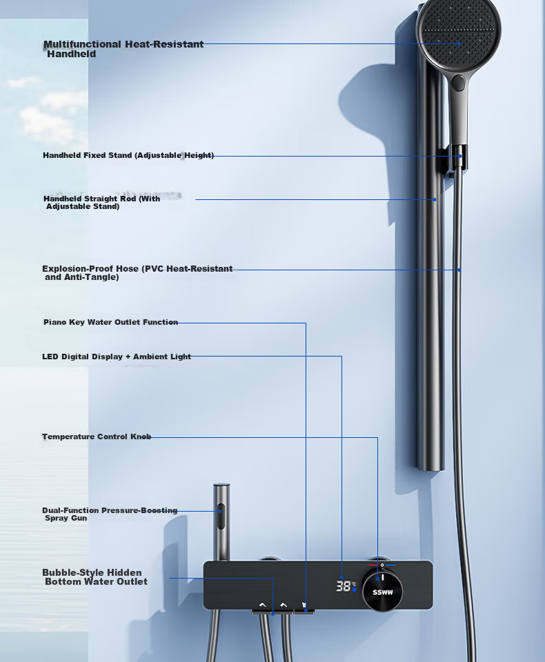 SSWW Shower Set Small Apartment Digital Display All-Copper Bathroom Split Simple Piano Key Pressurized Shower TS9 28