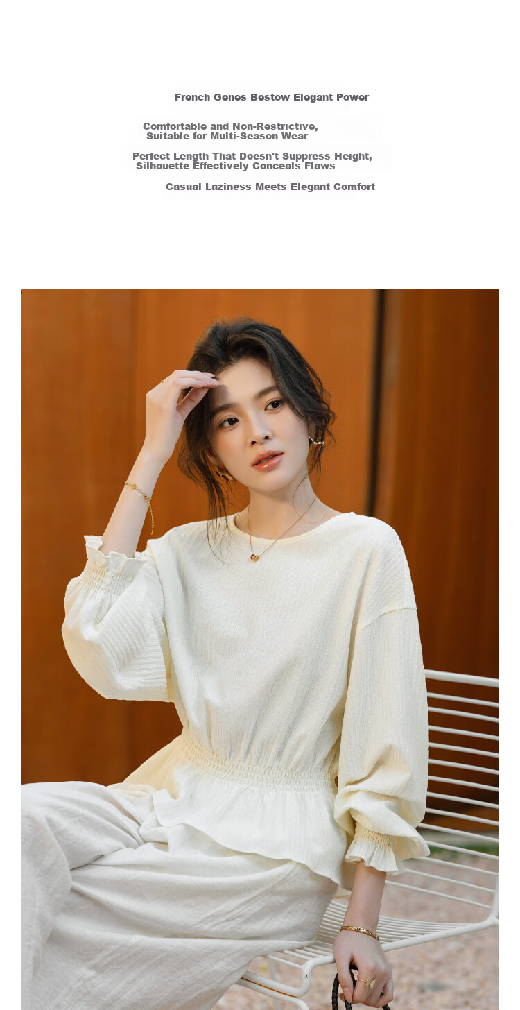Demana Gentle Narrative Spring French Ruffle Hem Elastic Waist Shirt Round Neck Petite Blouse Women's Top 3