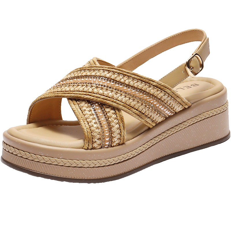 Belle Women's Woven Summer Platform Sandals Height Increasing Vacation Style B2640BL5 Apricot Size 36