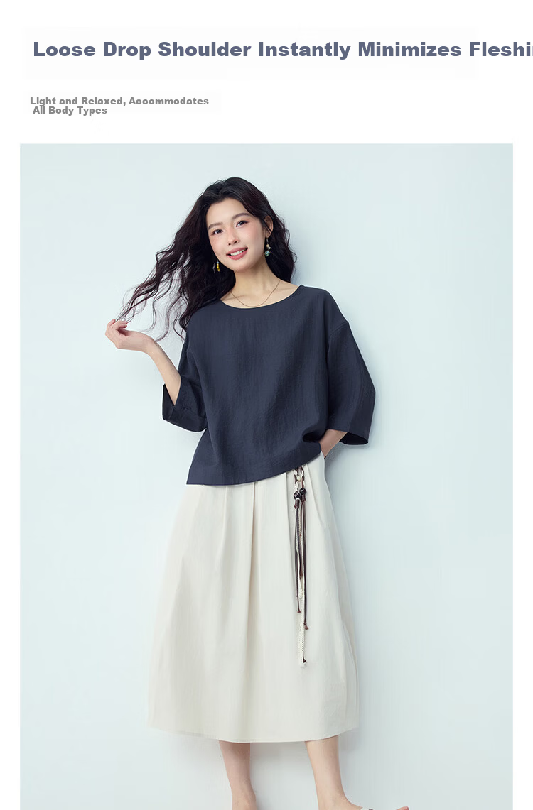 Giordano 2026 Summer New Textured Loose Casual Boat Neck Three-Quarter Sleeve Linen Shirt for Women 13346233 7
