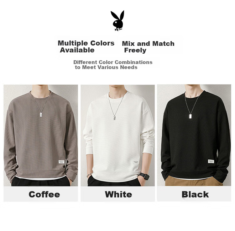 PLAYBOY Men's Hoodie Jacket Spring Autumn Long Sleeve T-Shirt Casual Base Layer Waffle Knit Top 1