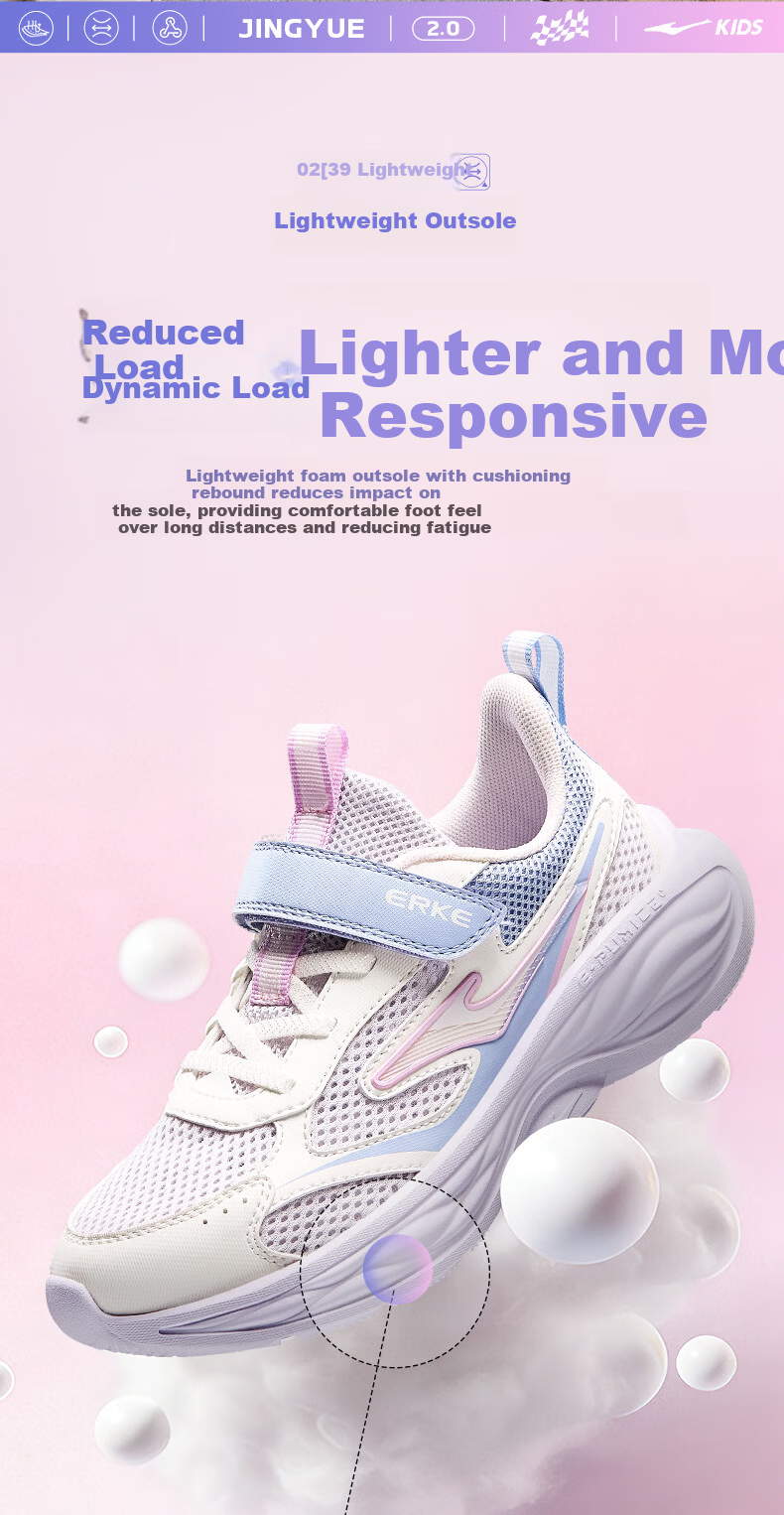 ERKE Kids Summer Mesh Boys and Girls Sports Shoes Children's Breathable Running Shoes Microcrystal White/Cloud Gray/Clean Water Color Size 36 33
