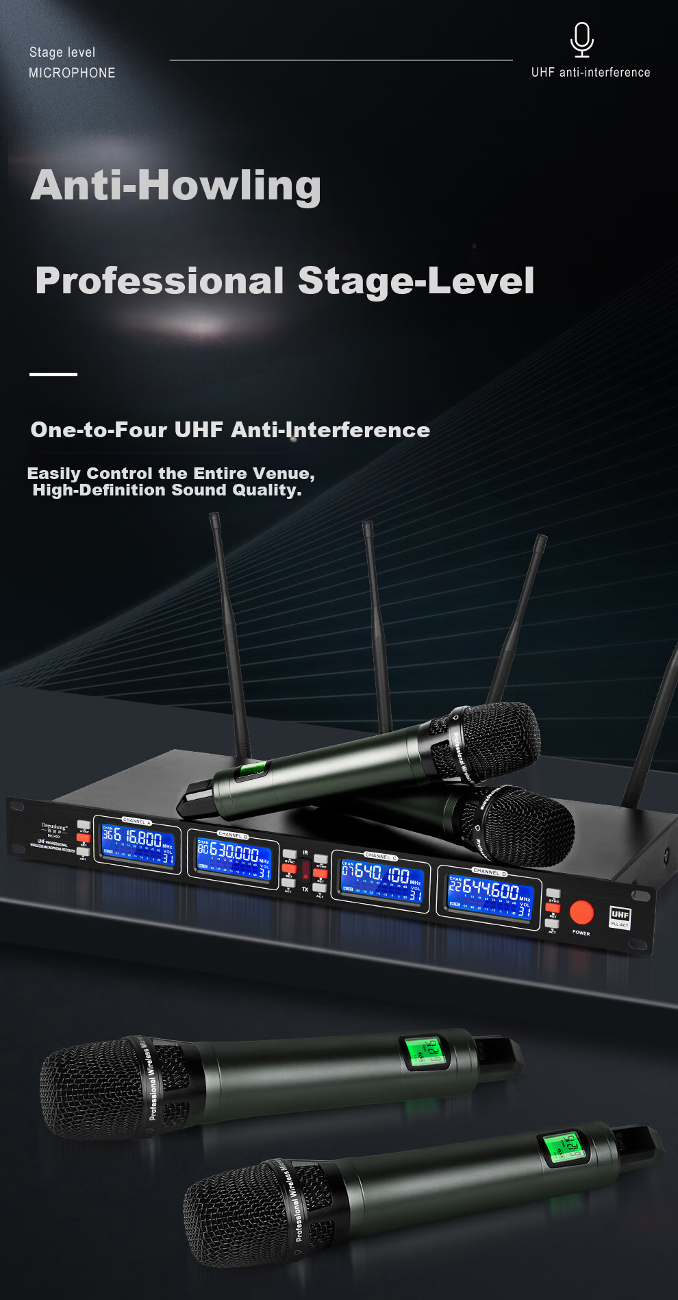 Depusheng DR688 Professional Wireless Microphone System One Transmitter Four Receivers UHF FM Microphone 100m Transmission 200 Channels Anti-Interference for Stage Performance Speech Live Streaming KT 1