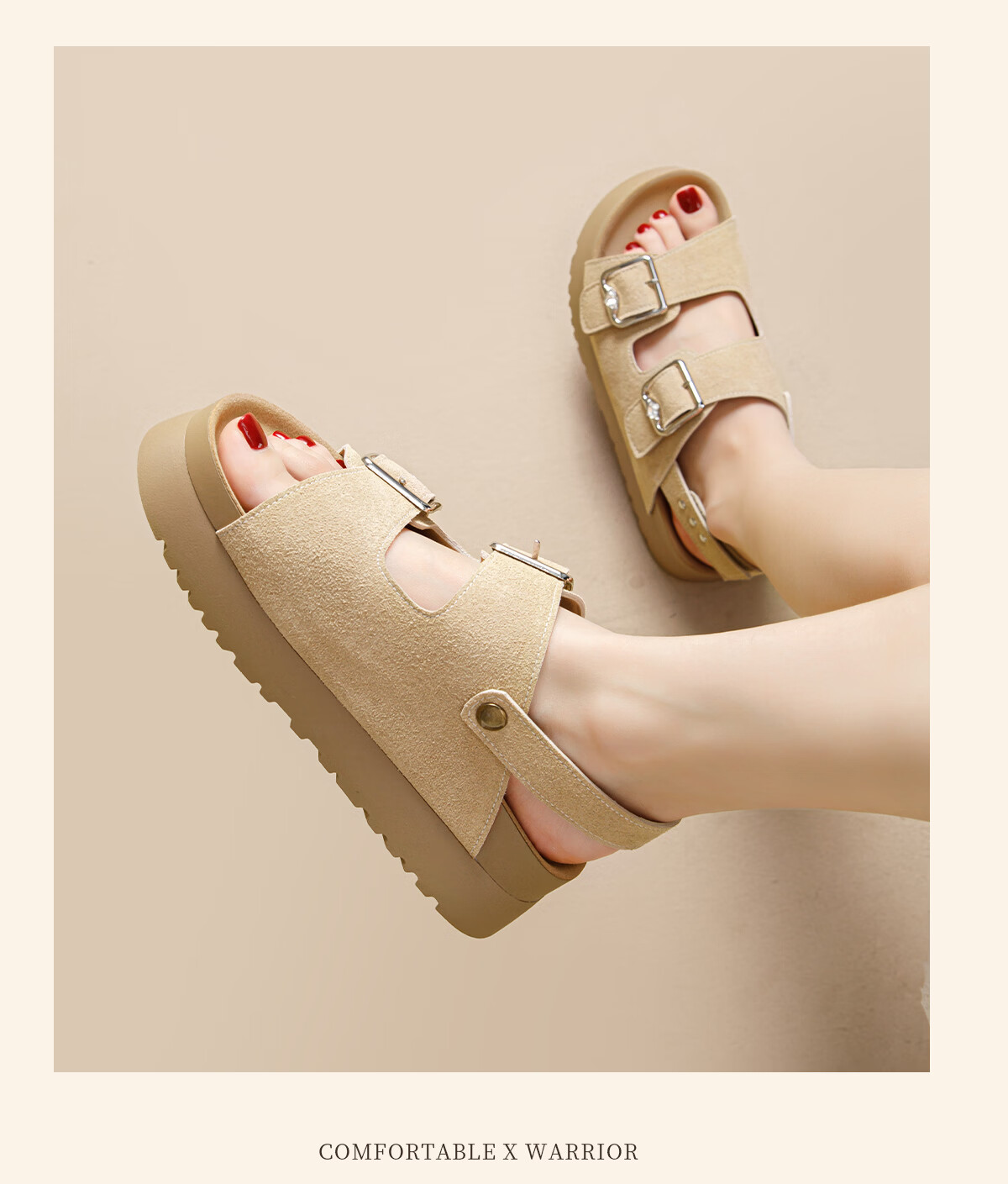 Warrior Thick Sole Birkenstock Style Women's Summer New Casual Sandals Height Increasing Comfortable Beach Shoes Apricot 35 17