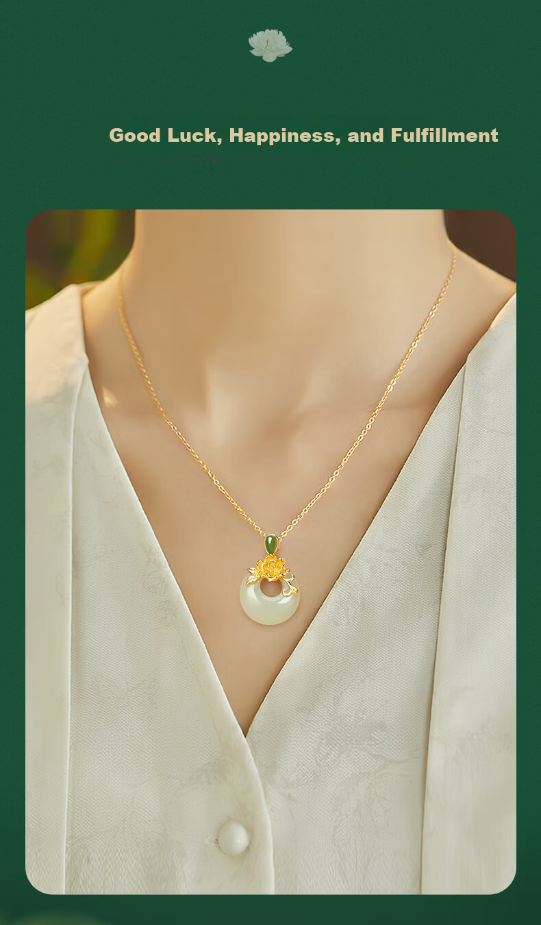 Zhenshang Silver China Gold Peony Ping An Kou Necklace Hetian Jade Pendant Birthday Gift for Mom 2026 New Premium Style 2