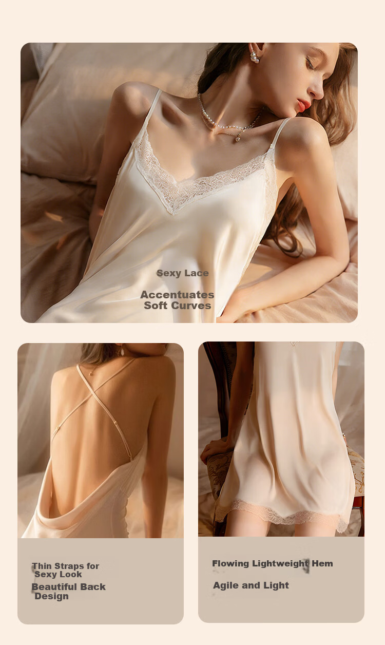Miiow Women's Ice Silk Luxury Sexy Lace Pure Desire Style Spring Summer New Ice Snow Silk Camisole Nightdress 15