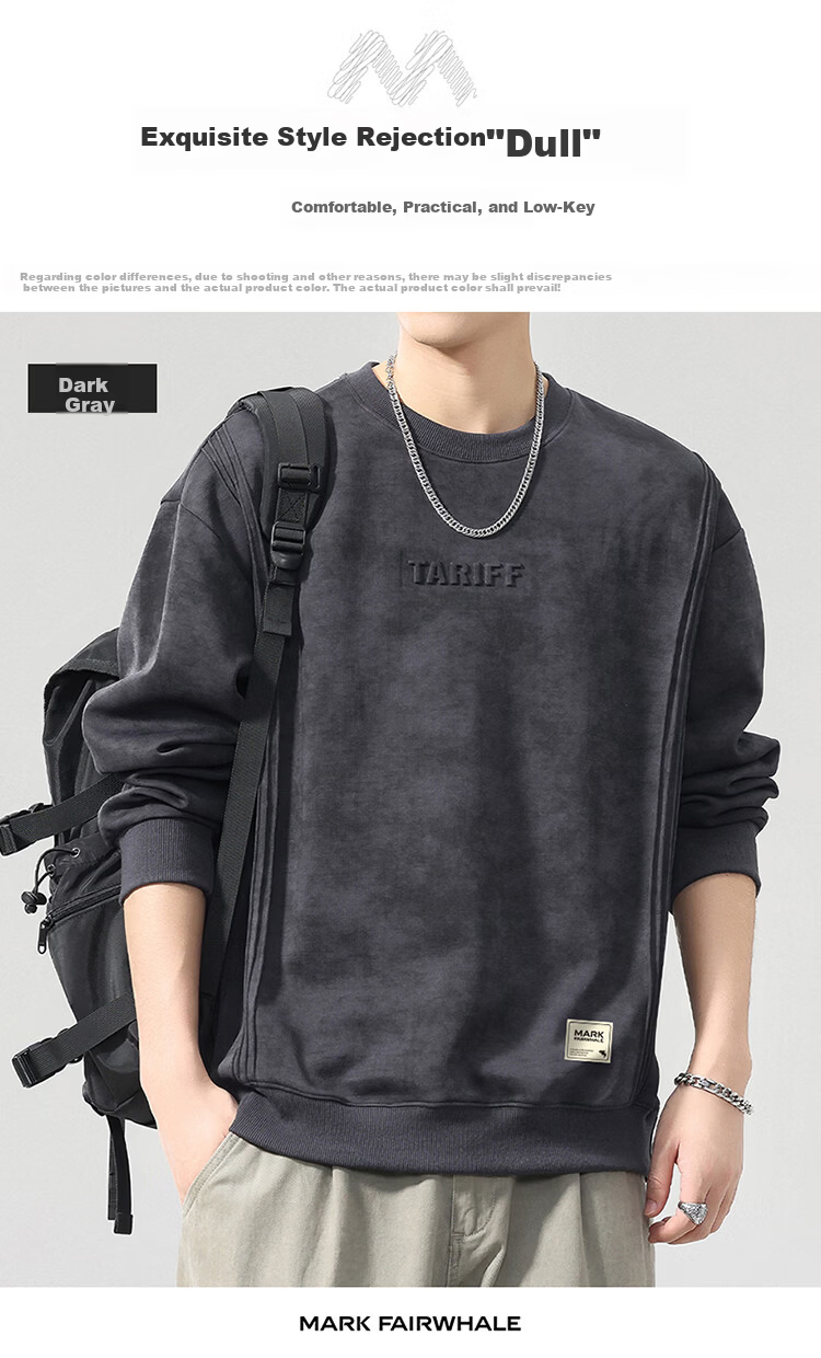 MARK FAIRWHALE Men's Sweatshirt Spring Autumn Trendy Loose Jacket Casual Base Shirt Top Dark Gray 5XL 7