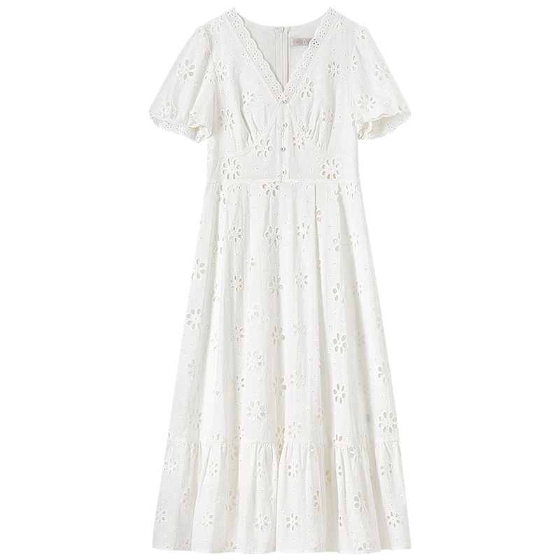 Sentubila Pure Cotton Lace V-Neck Lantern Sleeve White Dress for Women, Summer Elegant Pearl Button Embroidered A-Line Slimming Mid-Length Dress