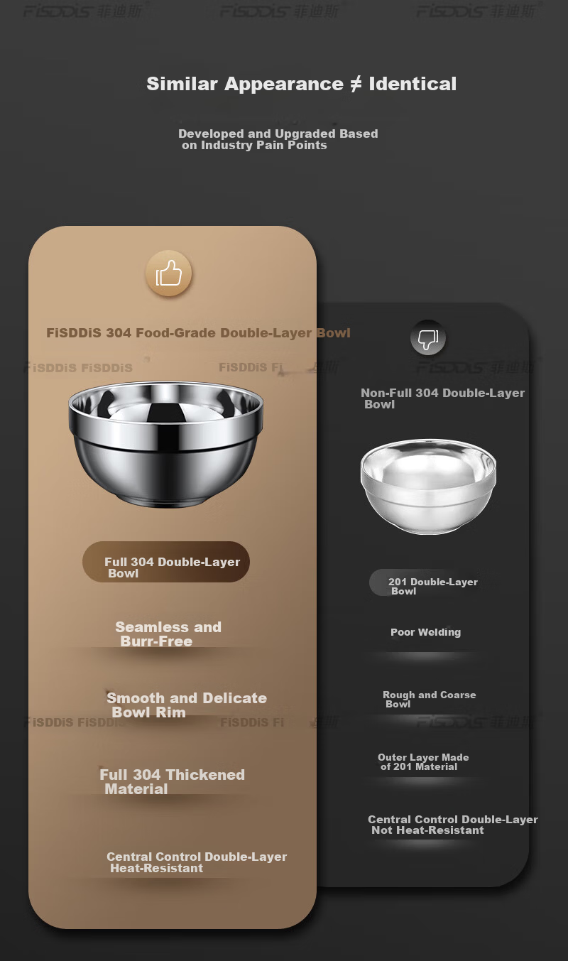 FISDDIS 304 Stainless Steel Double-Layer Anti-Scald Soup Bowl Commercial Spicy Hot Pot Bowl Fast Food Rice Bowl Canteen Serving Bowl 16cm 3