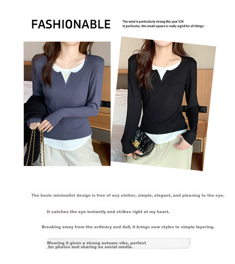 Langsha Women's Faux Two-Piece V-Neck Slim Fit Shoulder T-Shirt Spring Autumn 2026 New Design Small Brand Base Layer Top 4