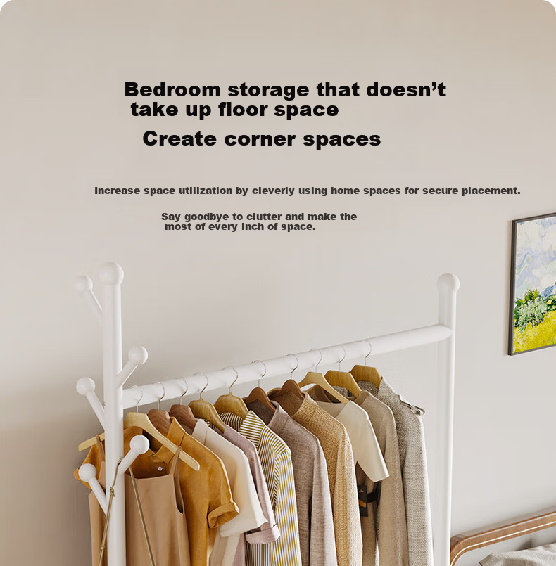 Yicai Nianhua Floor Clothes Drying Rack with Net and Wheels Multifunctional Bedroom Clothes Rack with Storage Basket and Coat Hanger 1255 9