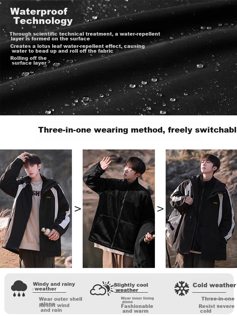 JEEP Men's Outdoor 3-in-1 Windproof Mountaineering Jacket Casual Men's Jacket 8