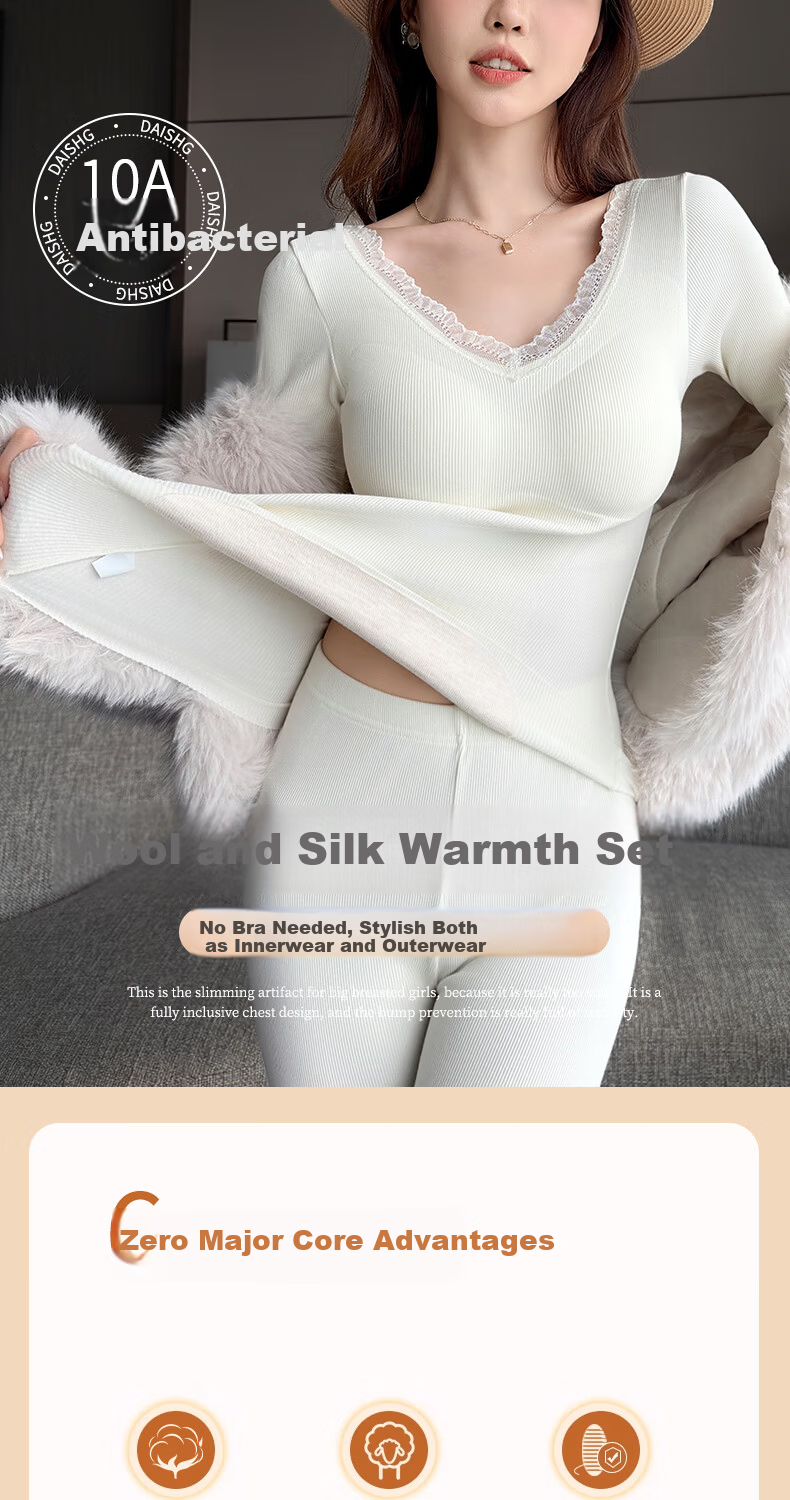 MiiOW Women's Thermal Underwear Set Cotton Slim Fit Fleece Lined Autumn Top and Bottom with Chest Pad Winter Base Layer 1