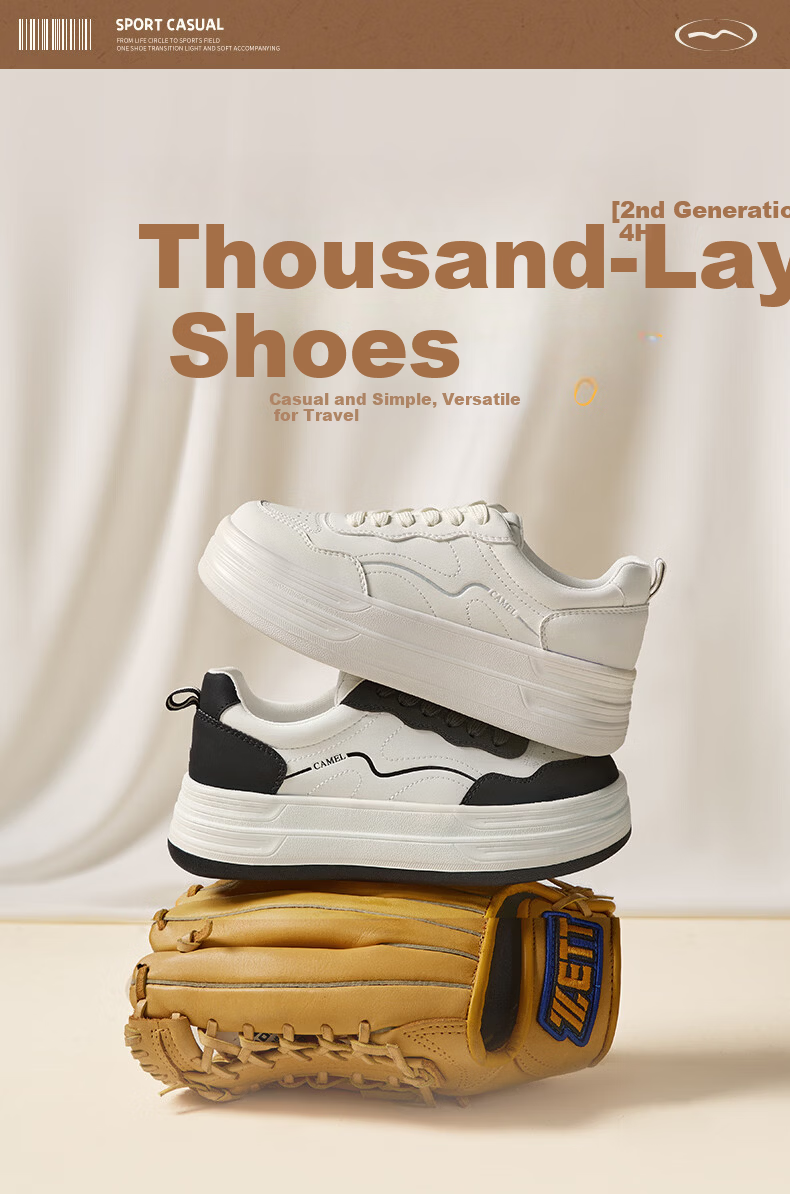CAMEL Layered Shoes 2nd Generation Women's Versatile Patchwork Sports Casual Thick Sole Sneakers L26S255142 Off-White 38 1