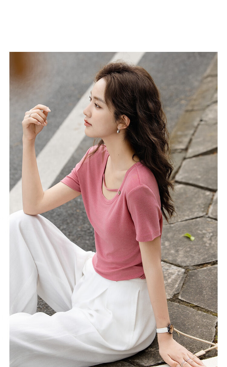 Demana [With Wool and Lyocell] Summer Minimalist High Elastic Slim Fit Round Neck Drawstring Decorative Slimming Women's T-Shirt 11