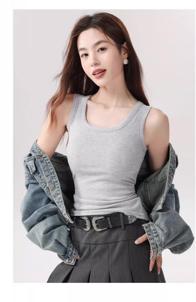 Caiyue Women's Spring Summer Thin Breathable Slim Fit Ribbed Sleeveless Wide Shoulder Tank Top with Side Coverage High Elasticity 10