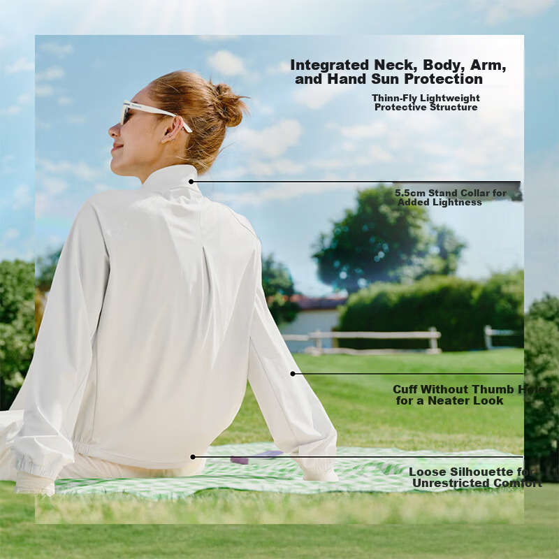Beneunder Women's Sunscreen Jacket UV Protection Quick-Dry Loose Stand Collar Casual Outdoor AL002 Frosty White XXL