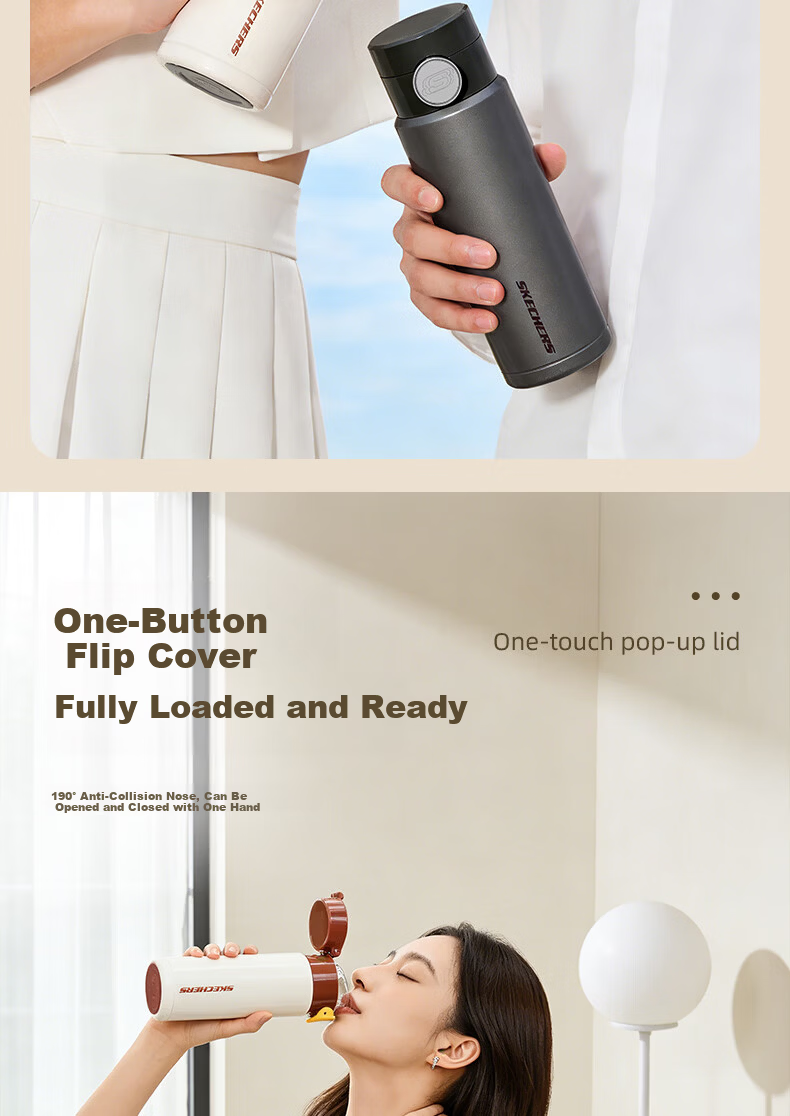 Skechers Yueyan Light Drink Cup 316 Stainless Steel Tritan Drinking Spout One-Button Flip Lid Insulated Mug Obsidian Gray 510ml 5