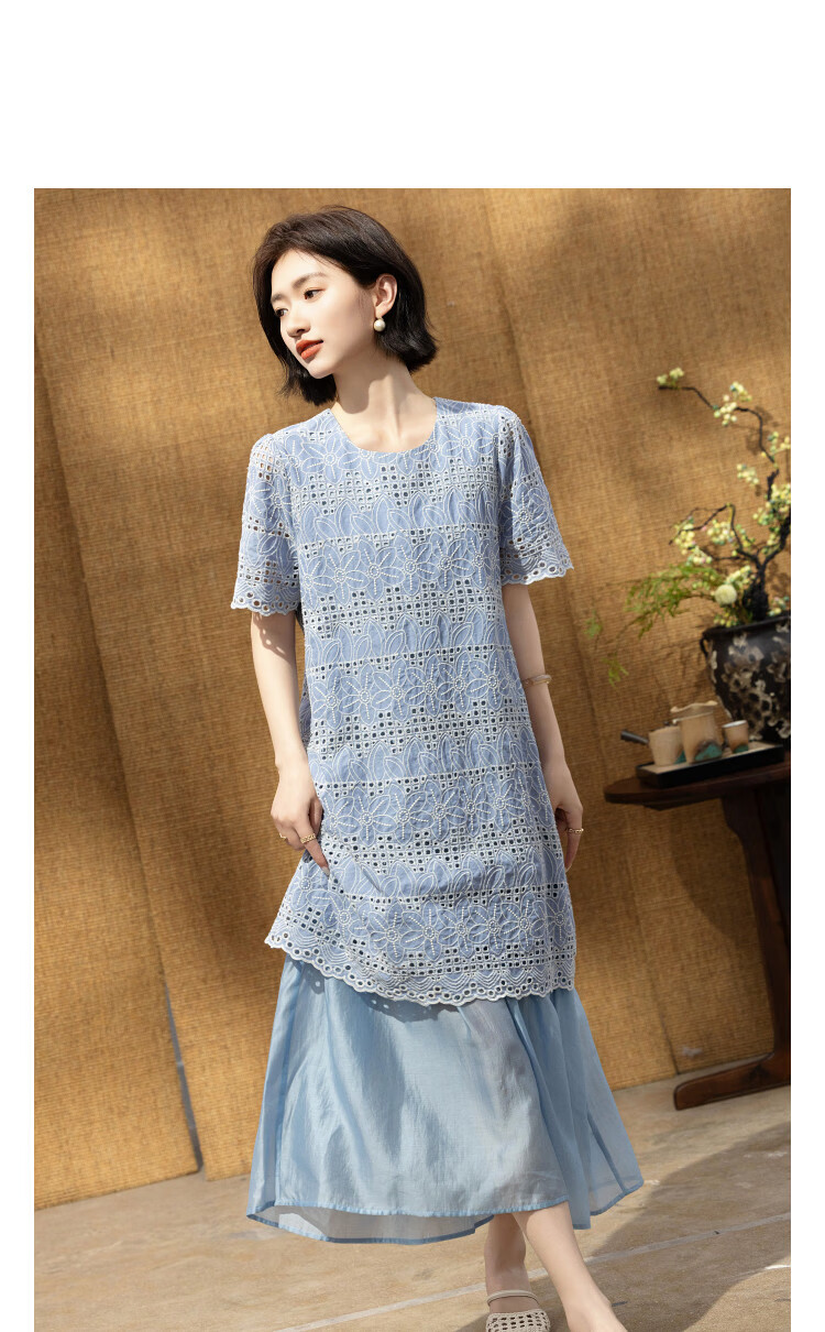 Demana [Clear Tencel] Summer Romantic Elegant Embroidered Loose Flared Patchwork Slimming Dress for Women Premium Feel 11