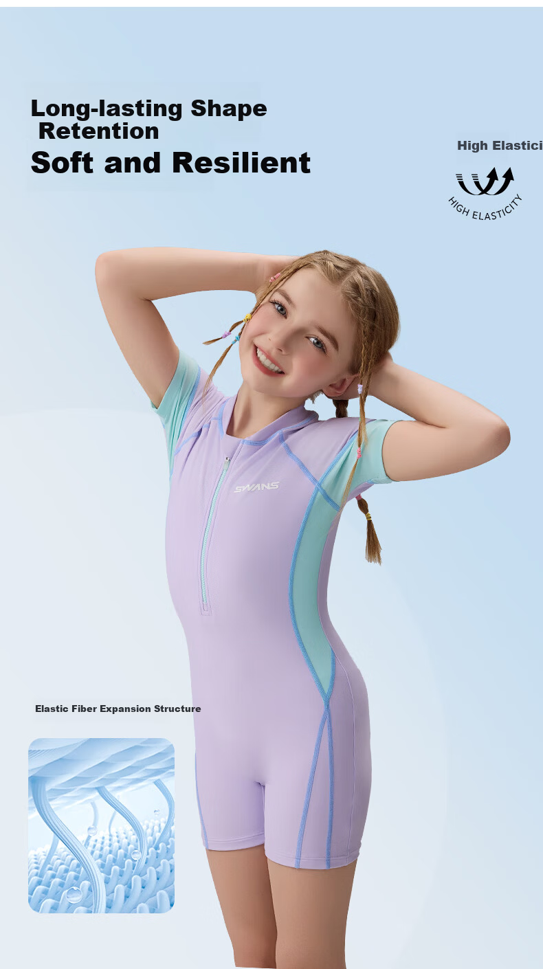 SWANS Kids Girls One-Piece Square-Leg Swimwear Chlorine-Resistant Quick-Dry Professional Sun Protection Surf Suit Light Purple 130 7
