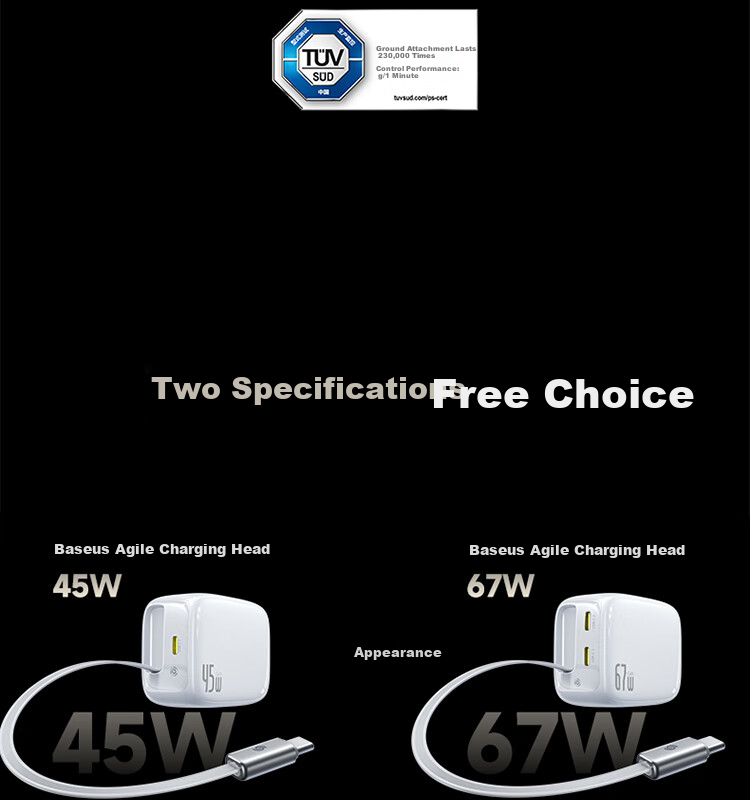 Baseus 67W GaN Charger with Dual Retractable Cables Multi-Port Type-C Fast Charging PPS/PD 65W Compatible with Apple iPhone 17 Huawei Smartphones Laptops White Plug 7